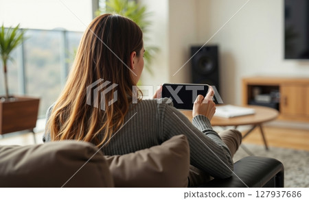 Mockup Photo Woman Sofa Living Room 127937686