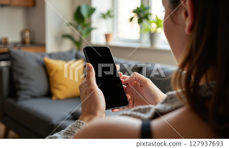 Mockup Photo Woman Sofa Living Room 127937693