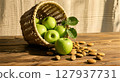 macadamia nuts with leaves on wooden background 127937731