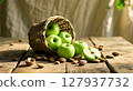 macadamia nuts on wooden background 127937732
