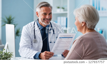 Doctor giving good news in examination room 127937757