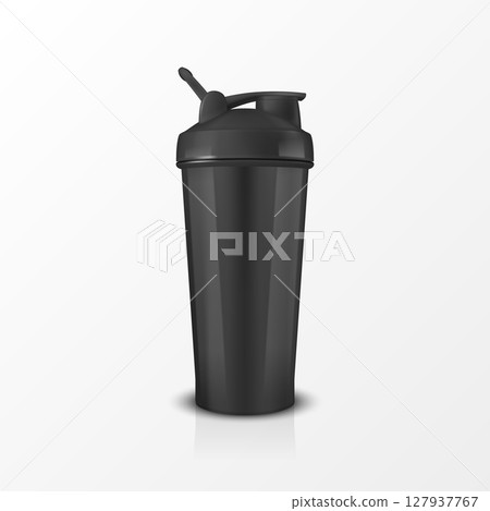 Vector 3d Realistic Black Shaker Bottle Mockup. Realistic Protein Shaker Bottle for Branding and Custom Design. Sport Shaker Bottle Vector Illustration for Supplement, Fitness, Gym, Logo, Print 127937767