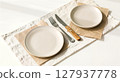 set of white empty plates and forks 127937778