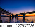 Urban expressway and railway line dyed in the sunset 127937786