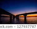 Urban expressway and railway line dyed in the sunset 127937787
