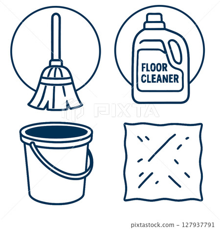 Cleaning tools and supplies including mop, floor cleaner, bucket, and cloth for effective 127937791