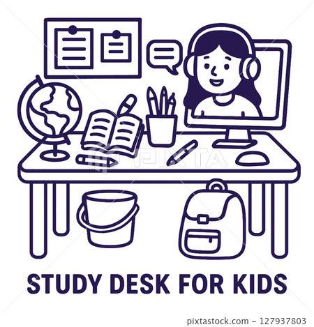 Study desk for kids featuring globe, books, computer, and school supplies, creating fun learning 127937803