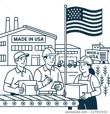 Workers in factory with flag, showcasing American manufacturing pride 127937810