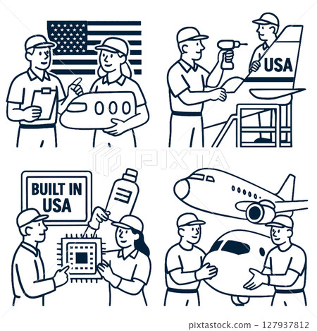 USA flag airplane workers manufacturing teamwork aviation assembly technology 127937812
