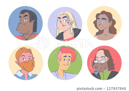 A large set of different stylized cartoon avatars of people in round frames A large set of different stylized cartoon avatars of people in round frames 127937848