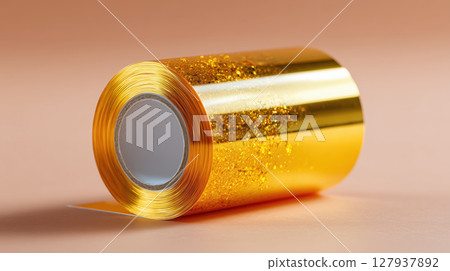 Roll of thin golden film with glittery texture on soft peach background 127937892