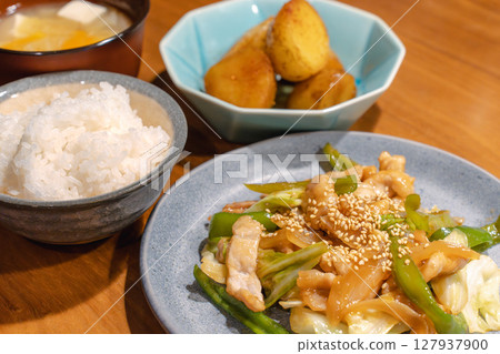 Pork and vegetable stir fry and Japanese style dinner set Pork and vegetable stir fry and Japanese style dinner set 127937900