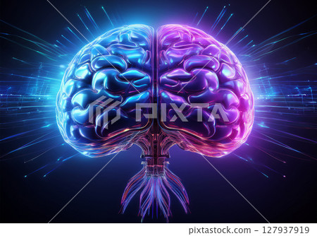 人工智慧大腦的 3D 全息圖背景，彩色的左腦和右腦（邏輯和情感的象徵） 127937919
