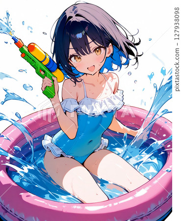 Illustration of a cheerful girl playing in the pool Illustration of a cheerful girl playing in the pool 127938098