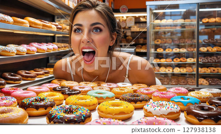 一位女士被五彩繽紛的甜甜圈包圍，欣喜若狂 127938138