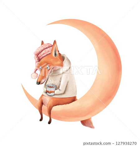 Cozy Fox in Nightcap on Crescent Moon Illustration 127938270