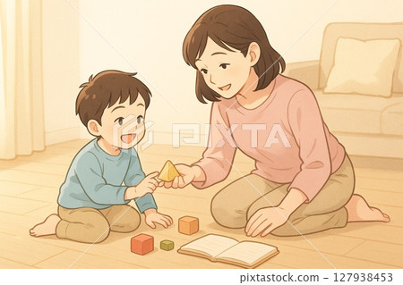 Parents playing with building blocks 127938453