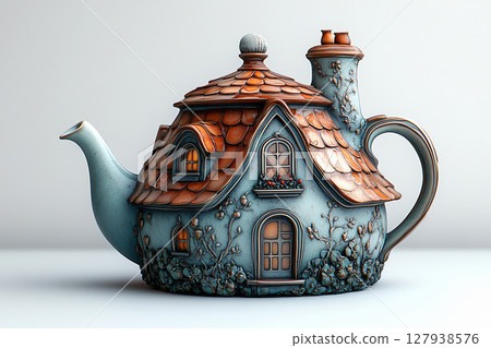 Kitchen still life. Ceramic teapot in shape of an English house on a white background. Classic style. 127938576