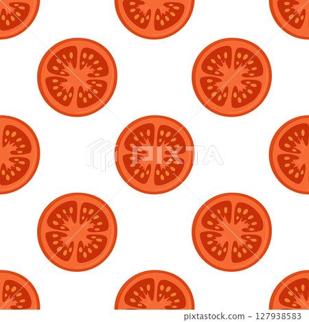 Vector Seamless Pattern with Red Tomato Slices on White Background. Tomato Pattern for Wallpaper. Tomato Seamless Pattern for Fabric, Kitchen Decor, Packaging. Fresh Tomato Food Illustration 127938583