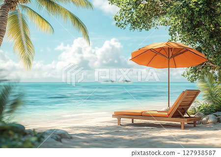 Summer exploration. Sunny day.  Umbrella and chairs set up on sand in beach of ocean. 127938587