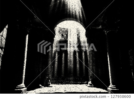 Ancient ruins in sci-fi scene with dotwork retro style. Mysterious gate debris with dramatic lights and retro texture 127938600