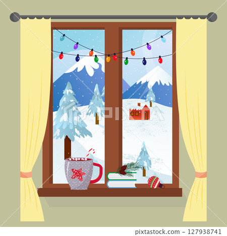Winter view from the window. Festive atmosphere. Mugs of cocoa and marshmallows, books. Garland on the window for a festive interior concept. Winter mountain landscape, snowdrifts and trees. Winter view from the window. Festive atmosphere. Mugs of cocoa and marshmallows, books. Garland on the window for a festive interior concept. Winter mountain landscape, snowdrifts and trees. 127938741