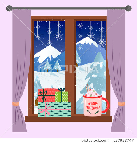 Window with winter landscape, gifts and a mug of delicious cocoa. Greeting card for winter holidays. Cozy festive atmosphere. 127938747