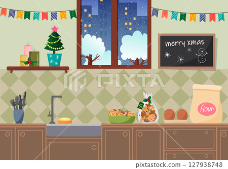 Decorated kitchen interior for Christmas celebration. Winter night view from the window. Cooking ingredients on the kitchen table. New Year holiday season. Decorated kitchen interior for Christmas celebration. Winter night view from the window. Cooking ingredients on the kitchen table. New Year holiday season. 127938748