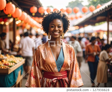 穿著浴衣享受夏日祭典的女性（白天、微笑、外國模特兒） 127938828