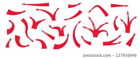 Dynamic red arrows illustrating attack paths and strategic movements with bold curved shapes Dynamic red arrows illustrating attack paths and strategic movements with bold curved shapes 127938946