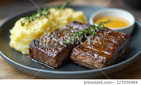 Grilled steak cut into slices and seasoned with rosemary 127938969
