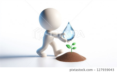 3D white figure with a drop of water to water a small growing plant, to raise awareness for the protection of planet earth 127939043