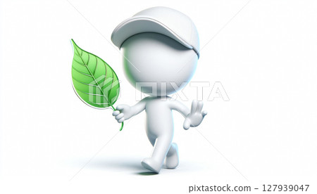 3D white figure with a green leaf to raise awareness about protecting planet earth 3D white figure with a green leaf to raise awareness about protecting planet earth 127939047
