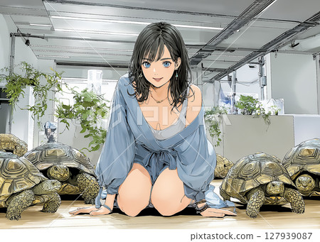 一位微笑的女人在爬行動物咖啡館和烏龜玩耍的插圖素材 一位微笑的女人在爬行動物咖啡館和烏龜玩耍的插圖素材 127939087