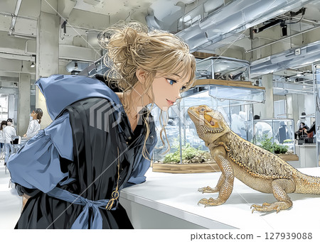 一位微笑的女人在爬蟲類咖啡館與蜥蜴玩耍的插畫素材 127939088