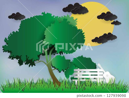 Beautiful tree and moon view art pictures, beautiful night sky, colorful paper art images, Ecology and world 127939098