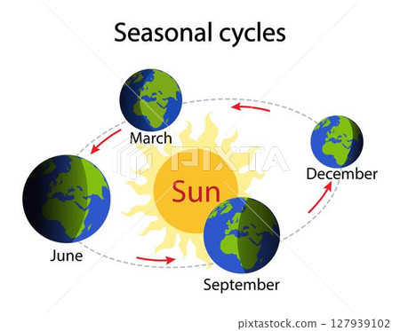 illustration of astronomy and physics, Seasonal cycles, The Earth revolves around the sun, seasons are the result of Earth orbit 127939102
