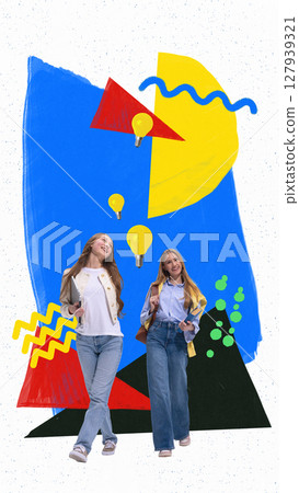 Colorful abstract back to school collage with two girls in casual outfits smiling and walking 127939321