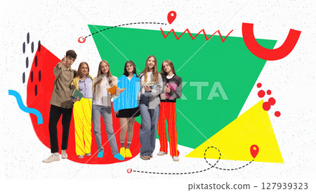 Teenagers standing in colorful outfits against back to school themed background. Memphis style Teenagers standing in colorful outfits against back to school themed background. Memphis style 127939323