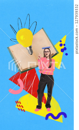 Student surrounded by book, light bulb, and playful abstract elements on blue back to school theme 127939332