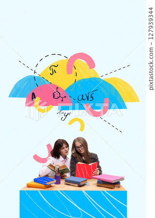 Bold visual mashup. Two students studying with colorful books and math formulas on bright background 127939344