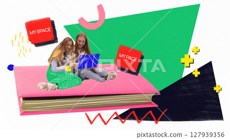 Playful school collage with students using laptop on vibrant colorful background. Study spaces 127939356