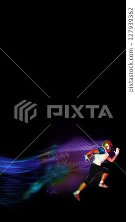 American football player sprinting with neon motion trail and dynamic energy flow American football player sprinting with neon motion trail and dynamic energy flow 127939362