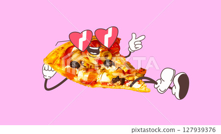 Cartoon pizza slice character with heart eyes relaxing on pink background. Poster, flyer 127939376