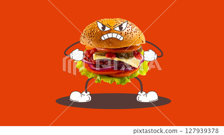 Cartoon angry burger character with arms and legs on bright red background. Digital stickers 127939378