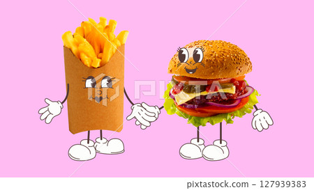 Cartoon burger and fries holding hands with happy expressions on pink background 127939383