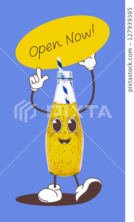 Cheerful cartoon beverage bottle with sign and straw on blue background. Poster, flyer 127939385