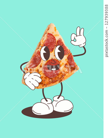 Cartoon pizza slice character making hand gesture on turquoise background. Poster, flyer Cartoon pizza slice character making hand gesture on turquoise background. Poster, flyer 127939388