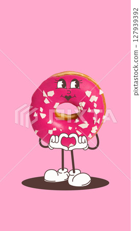 Pink cartoon donut with sprinkles making heart with hands on bright background. Kids school supplies 127939392