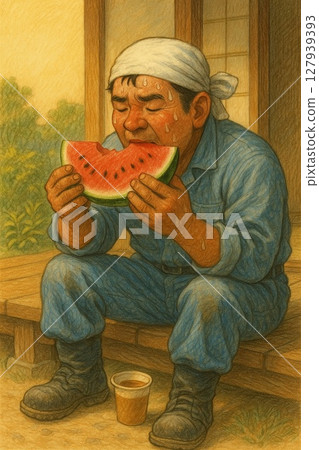 A sweaty worker eating watermelon during a break Generative AI 127939393